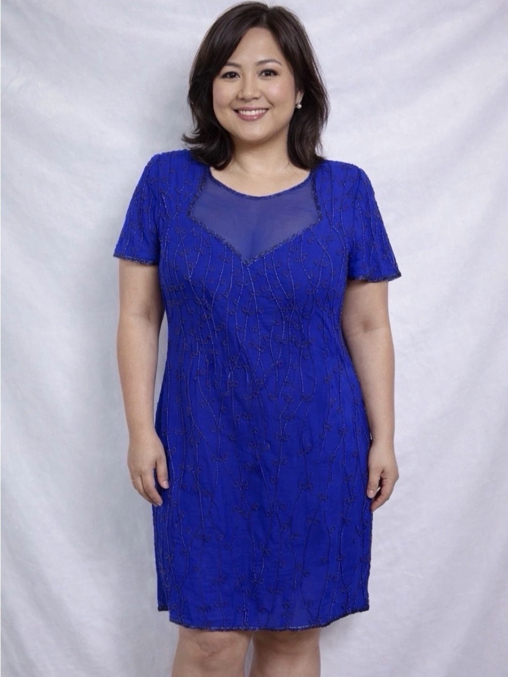 Blue Beaded Dress Size Petite Large Allyson Whitmore Midi New w/Tags